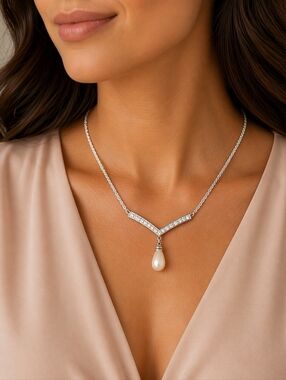 Vintage Vendome Signed Silver-tone Necklace with Rhinestone and Pearl Drop